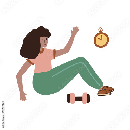Modern positive girl training at home. Fitness clipart about healthy lifestyle. Cute vector hand drawn illustration. Stay Home, sport in home. Isolated on white background.