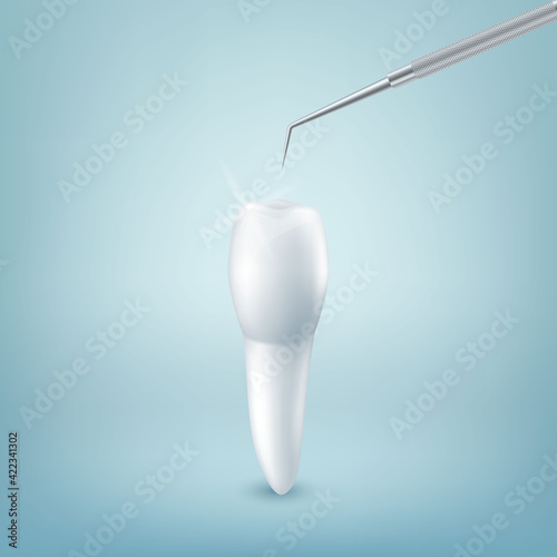 Vector 3d Realistic Tooth and Dental Probe for Teeth Closeup on Blue Background. Medical Dentist Tool. Design Template, Clipart, Mockup. Dentistry, Healthcare, Hygiene Concept