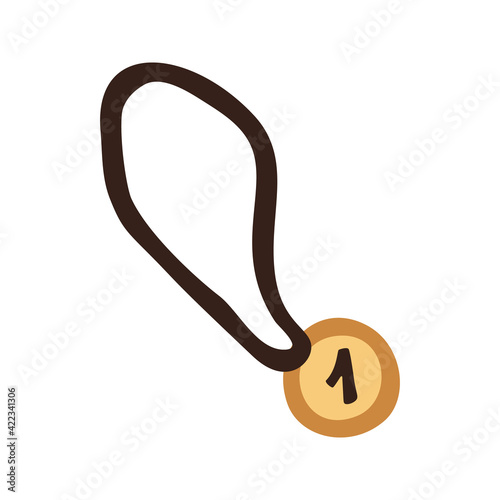 Single clipart gold medal. Cute vector hand drawn illustration. Sports lifestyle. Winner in championship. Isolated on white background.