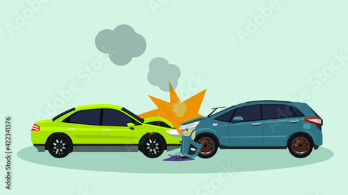 Two passenger cars crashes into a fatal collision. The front was severely damaged  unable to drive further. Smoke came out with a collision effect.