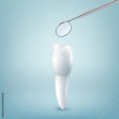 Vector 3d Realistic Tooth and Dental Mirror for Teeth Closeup on Blue Background. Medical Dentist Tool. Design Template, Clipart, Mockup. Dentistry, Healthcare, Hygiene Concept