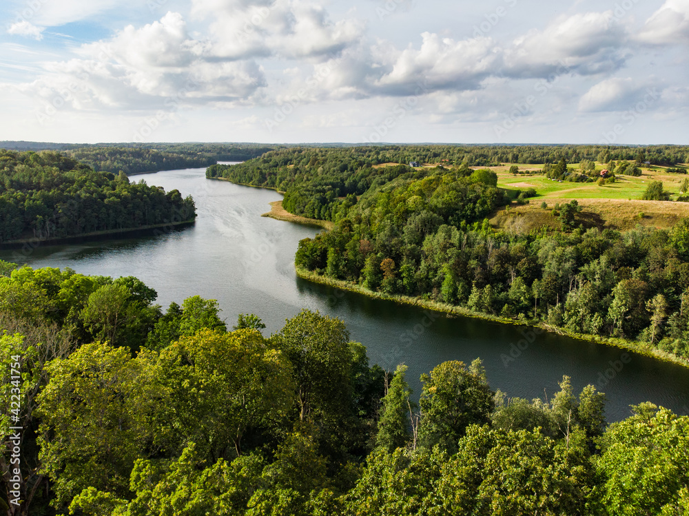 Aerial landscape view of Lake Asveja, the longest lake in Lithuania.