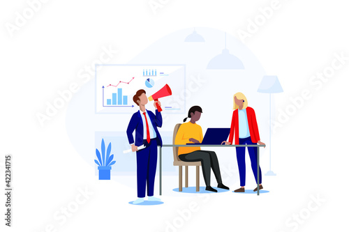 Male business leader speaker talking at meeting with a megaphone