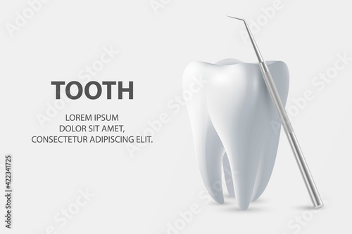 Vector 3d Realistic Tooth and Dental Probe for Teeth Closeup on White Background. Medical Dentist Tool. Design Template, Clipart, Mockup. Dentistry, Healthcare, Hygiene Concept