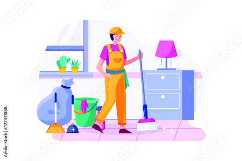 Cleaning man holding broom satisfied with clean house. 