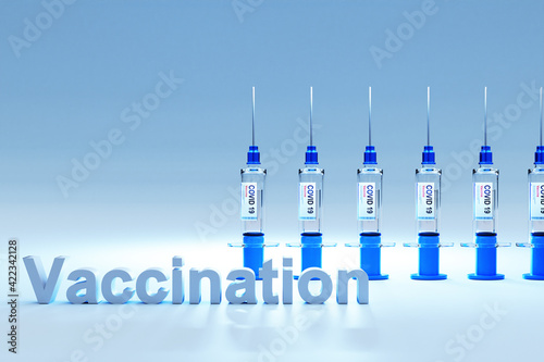 row of covid 19 sarsCov syringes with vaccine against pandemic; conceptual vaccination plan strategy; 3D Illustration photo