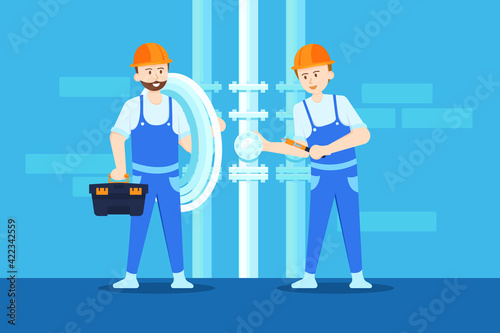 Plumbers are loosening the valve in order to replace the new pipe.