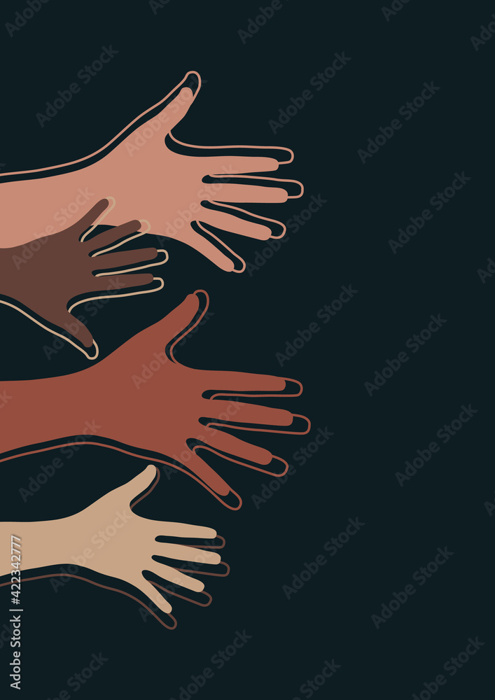 Raised hands, open palms. The concept of charity, volunteering, love, kindness, equality, racial and social issues. Vector illustration
