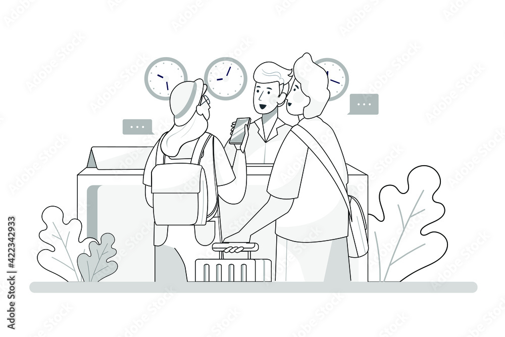 Check-in to a hotel. Young couple with suitcases is standing at the reception desk Check-in to a hotel. Young couple with suitcases is standing at the reception desk