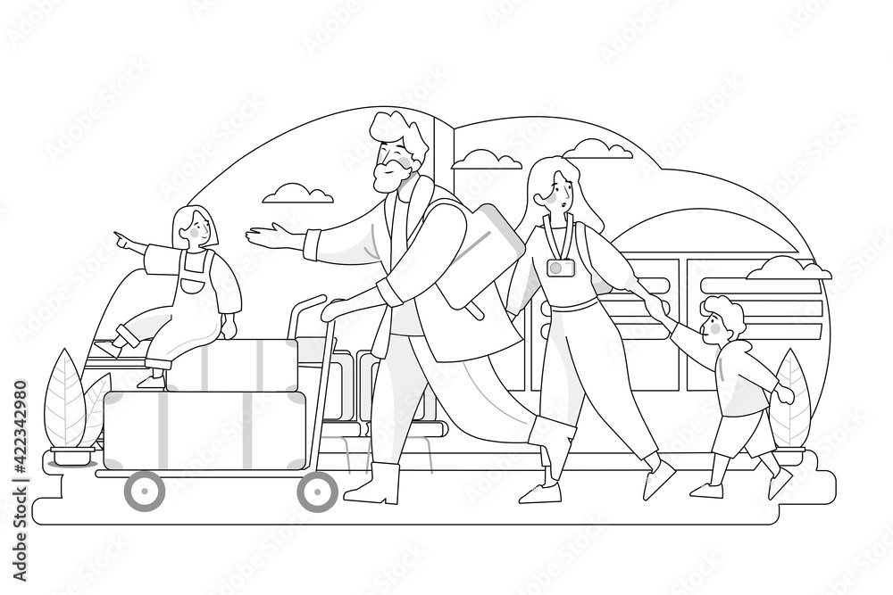 Family travel. Parents and children at the airport fly away for a vacation. Family travel. Parents and children at the airport fly away for a vacation.