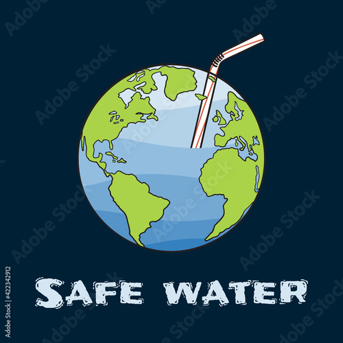 Humanity drinks water from the Earth from straw. Water crisis banner. Safe drinking water. Land dehydration and drought concept. Global warming and climate change
