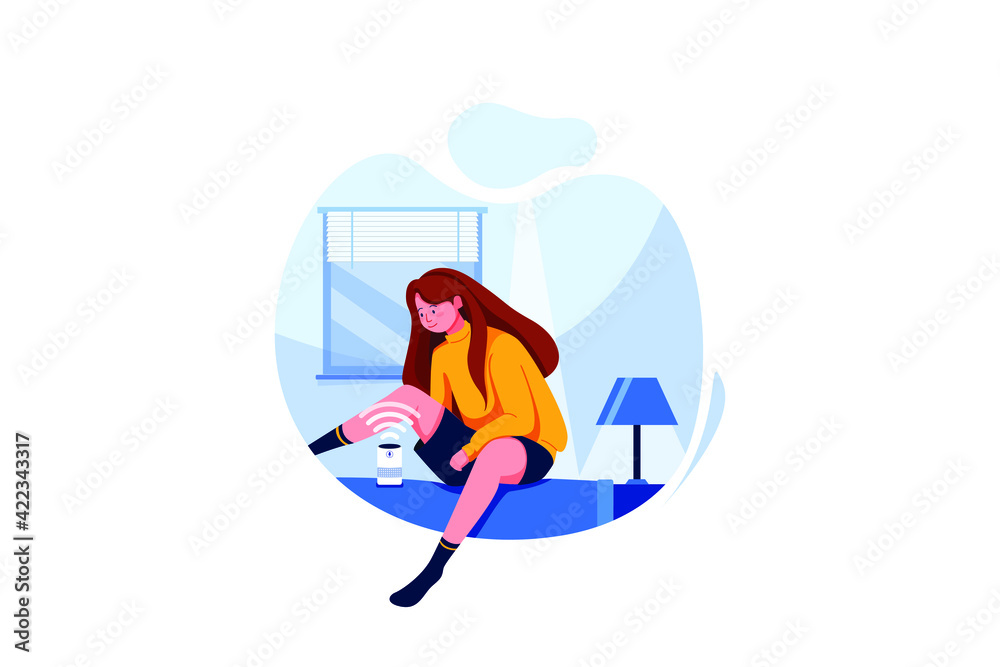 Fototapeta premium Young woman talk voice assistant to turn on the lights and the curtain of house