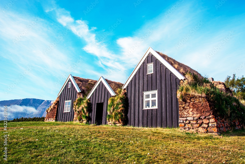 Beautiful landscape with traditional wooden housing with moss-covered roofs in museum in Holar, Iceland. Exotic countries. Amazing places.