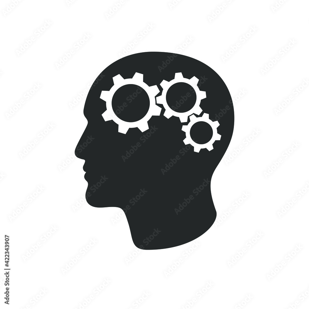 Person head with gears graphic sign. Idea search and making a decision symbol. Business concept. Vector illustration Person head with gears graphic sign. Idea search and making a decision symbol. Business concept. Vector illustration