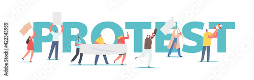 Protest Concept. People Protesting with Placards on Revolution Strike or Demonstration, Activist Characters with Signs