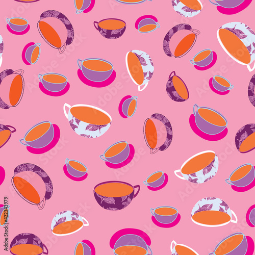 Vector patterned tea cups seamless pattern background. Suitable for fabric, backdrop, restaurant, kitchen, party and other design projects. 