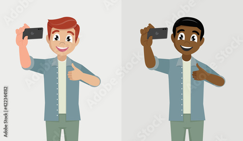 Set young man taking selfie with phone and making thumbs up gesture sign.