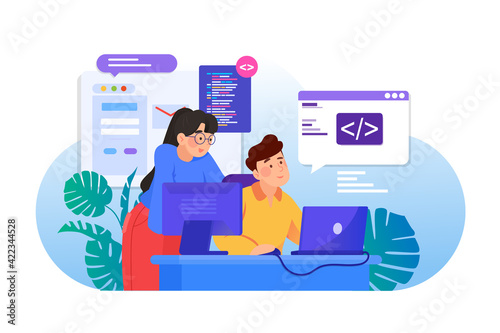 Man and woman are working together on programming