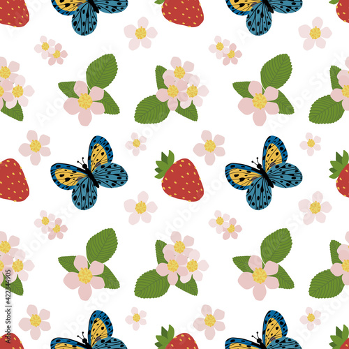 Seamless pattern with cute butterflies and red strawberries. Lovely summer texture.Vector floral texture with forest berries. Hand drawn illustration with plants and butterfly.
