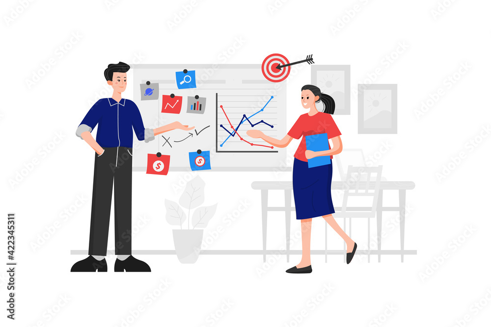 A man and a woman are discussing marketing and standing in front of a table with many sticker notes and line charts