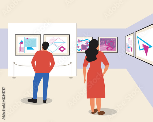 Visitors with a museum or art gallery, flat vector stock illustration as a concept of visiting a show, exhibition in a gallery hall