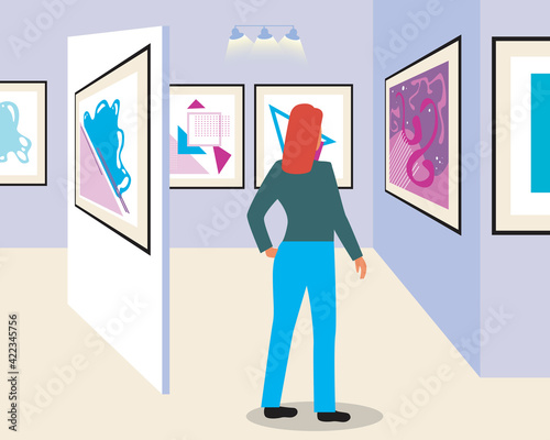 Woman in a museum or art gallery, flat vector stock illustration as a concept of visiting a fashion show, exhibition in a gallery hall