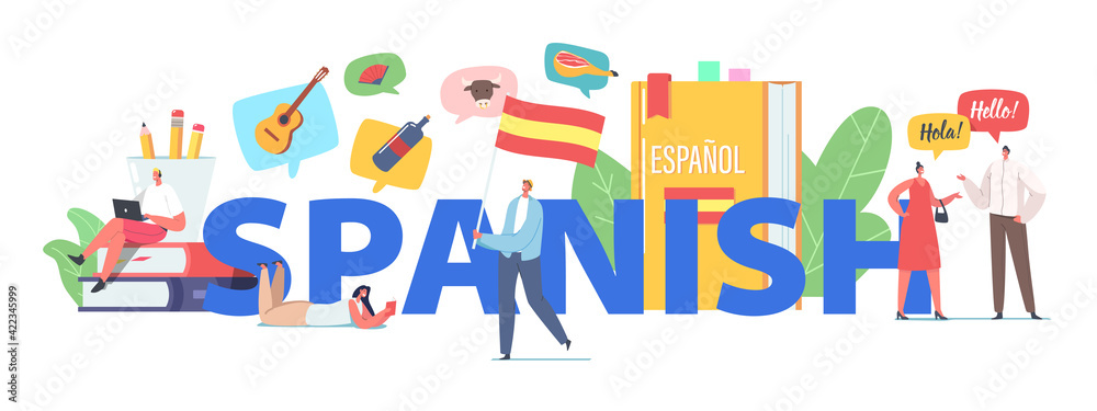 Characters Learn Spanish Language Course Concept. Tiny People at Huge Textbooks and Flag, Teacher and Students Chatting