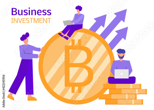 Business investment concept illustration. People with bitcoin golden coin, businessman with laptop. Place for your text. Cryptocurrency exchange, multicurrency wallet.
