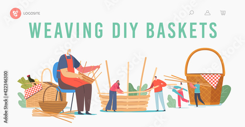 Basket Weaving Diy Landing Page Template. Senior Male Character Make Wicker Pannier of Natural Materials, Handmade