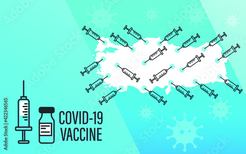 Turkey vaccination concept, vaccine injection in map of Turkey. Vaccine and vaccination against coronavirus, COVID-19. Vector template about Healthcare.
