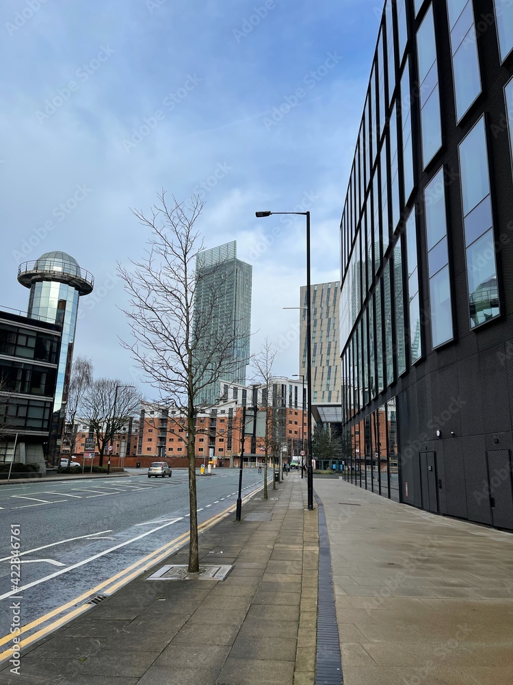 City view with modern buildings and landmarks. Taken in Manchester England. 