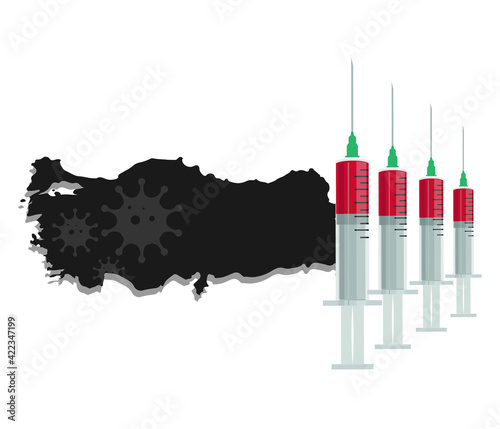Turkey vaccination concept, vaccine injection in map of Turkey. Vaccine and vaccination against coronavirus, COVID-19. Vector template about Healthcare.
