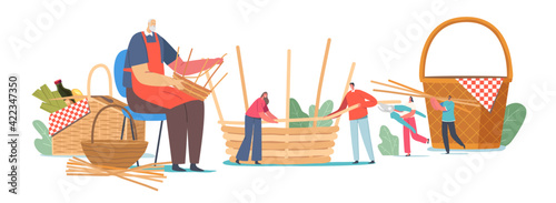 Basket Weaving Concept. Senior Male Character Make Wicker Pannier of Different Natural Materials Willow, Bamboo, Grass
