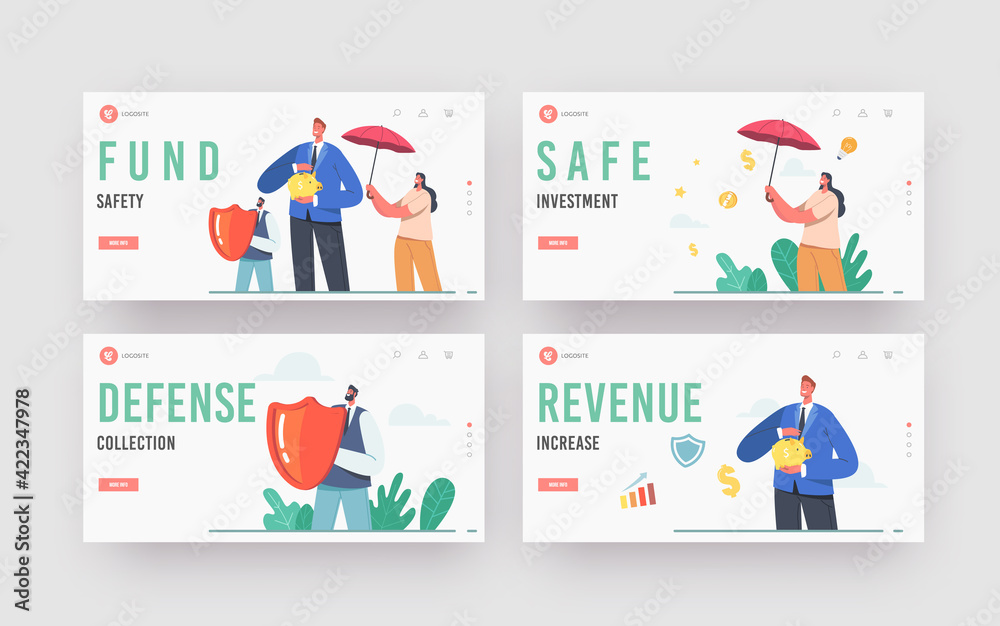 Fund Safety Landing Page Template Set. Businesspeople Characters under Umbrella with Piggy Bank and Shield Protect Money Fund Safety Landing Page Template Set. Businesspeople Characters under Umbrella with Piggy Bank and Shield Protect Money