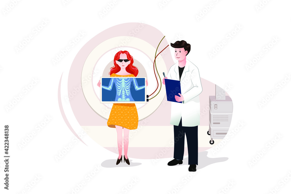 Young woman with stylish clothes and glasses at man doctor with x-ray. Young woman with stylish clothes and glasses at man doctor with x-ray.
