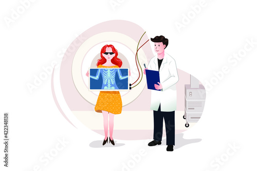 Young woman with stylish clothes and glasses at man doctor with x-ray.
