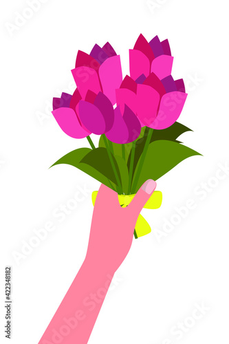 Female hand holding bouquet of tulips isolated on white. Vector spring illustration, concept