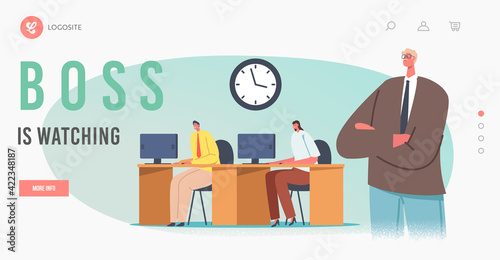 Corporate Control of Administration Page Template. Boss Character with Crossed Arms Stand behind of Manager Employees