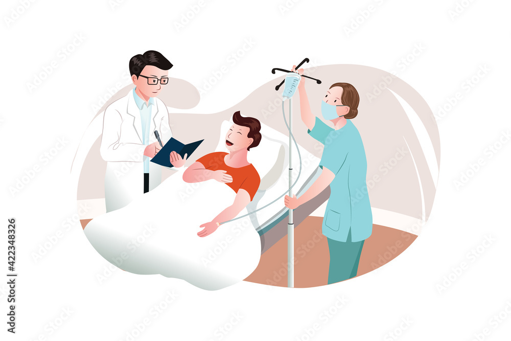 Sick young person lies with dropper near with doctor and nurse at the hospital. Sick young person lies with dropper near with doctor and nurse at the hospital.