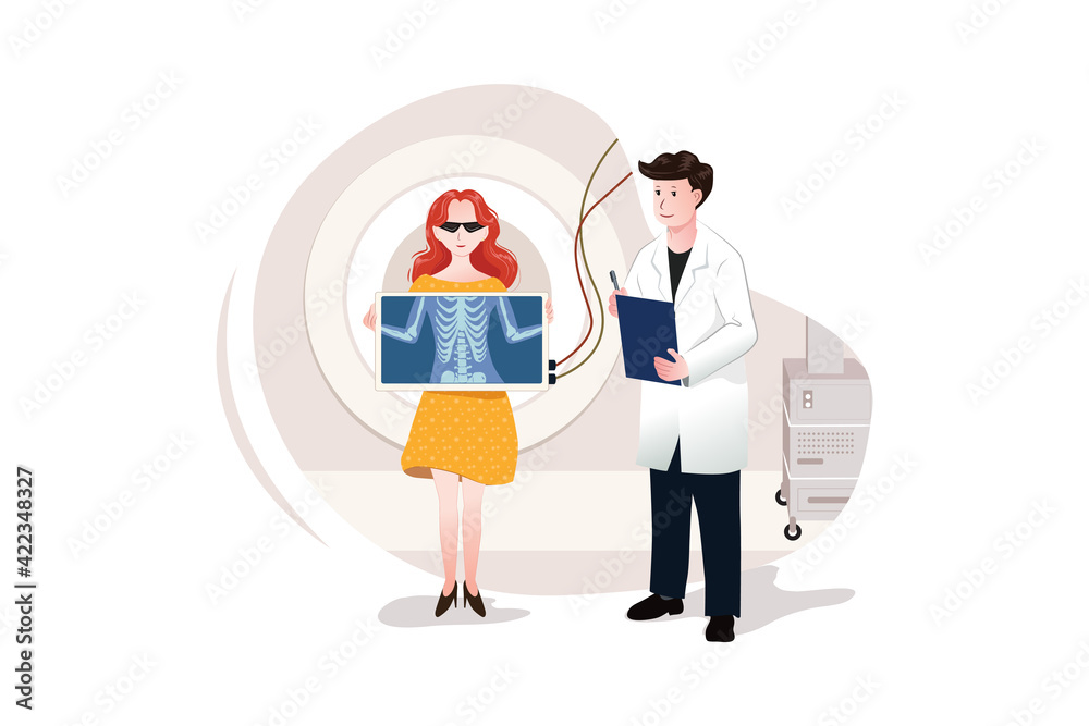 Young woman with stylish clothes and glasses at man doctor with x-ray.