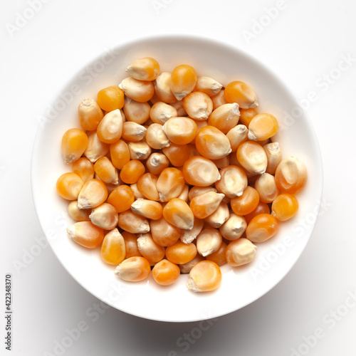 Macro Close up organic yellow corn seed or maize (Zea mays) inside a white ceramic bowl. Top View