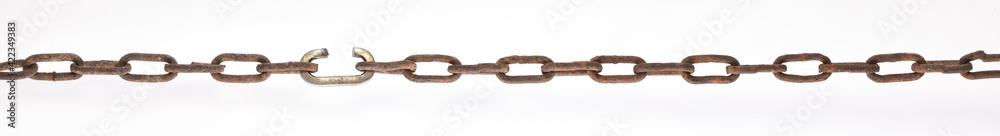 Fototapeta premium rusty metal chain with broken link isolated on white background