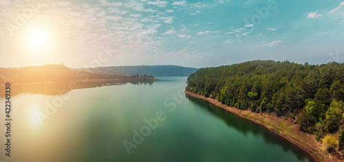 Fototapeta Naklejka Na Ścianę i Meble -  Aerial view of To Nung lake near Pleiku city, Gia Lai province, Vietnam. This lake on the lava background of a volcano that has stopped working.