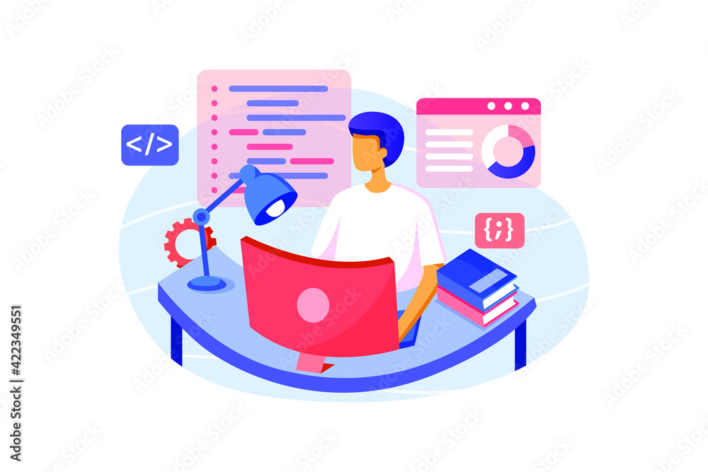Programmer creating new project vector illustration. Concentrated designer looking thoughtfully at open program windows flat style design. Programmer creating new project vector illustration. Concentrated designer looking thoughtfully at open program windows flat style design.