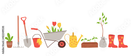 Gardening items in hand drawn style. Concept for various agricultural and garden tools. Growing potted plants, seedlings. Vector clip art illustration isolated on white background