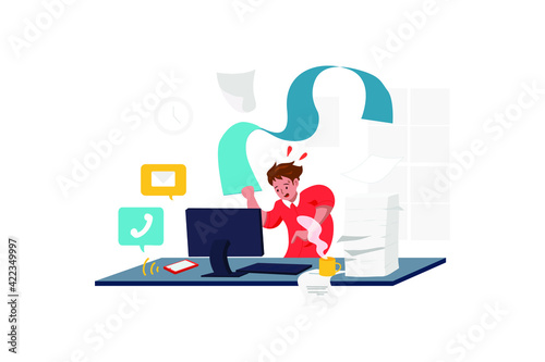 Male office worker overloaded with paperwork from computer, heap of business letters and online documents