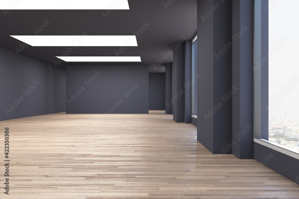 Black office gallery room with a blank black wall in the background ...