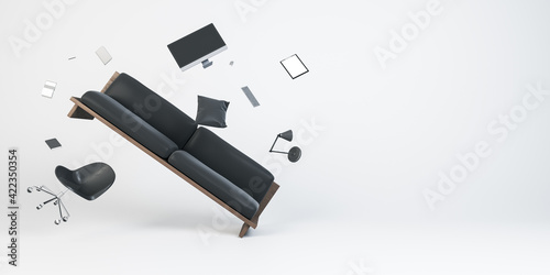 Картината върху платно Chaos concept with sofa, chair, modern computer monitor and notebooks in front of blank white wall