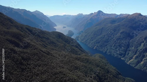 Beautiful aerial high rise scenic shot of New Zealand fjord. Doubtful Sound photo