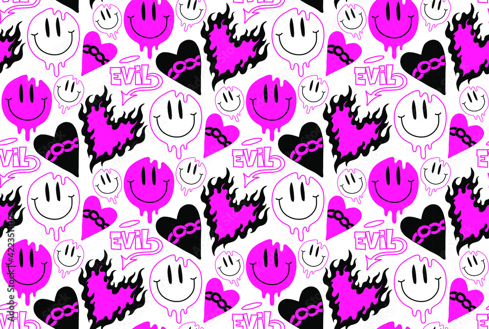 Black heart and smile vector illustratioin seamless pattern Black heart and smile vector illustratioin seamless pattern